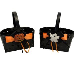 Halloween Decor Baskets Set of 2 Black Woven Pumpkin Ghost Party Favors Handmade